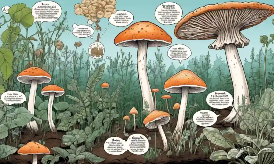 Fungi creciendo en plantas, rodeado de diagramas y gráficos sobre control biológico.