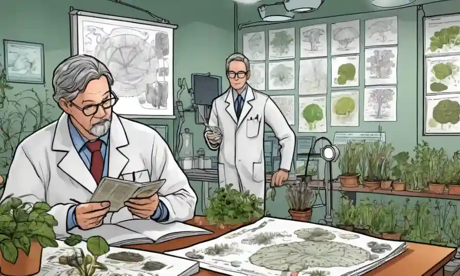 Diagramas científicos e ilustraciones fúngicas en el fondo con investigadores agrícolas revisando documentos.