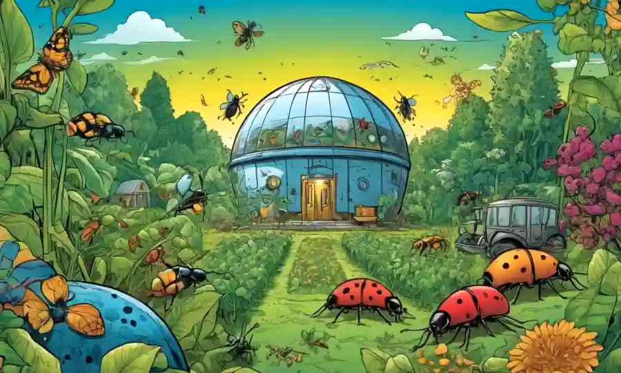 Microorganismos e insectos en un ambiente controlado, rodeado de símbolos agrícolas.