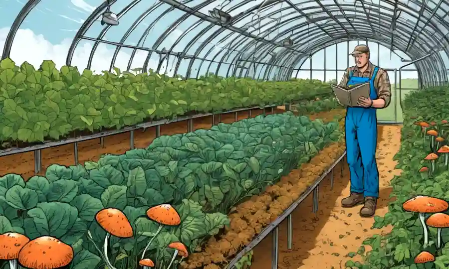 Un agricultor observando hongos beneficiosos en un invernadero, rodeado de cultivos agrícolas.