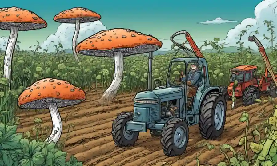 Una ilustración científica que representa organismos fúngicos con equipos y plantas agrícolas en el fondo.