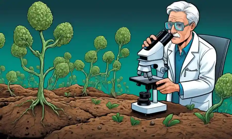 Un científico mirando a través de un microscopio al crecimiento microbiano en las células del suelo o de la planta.