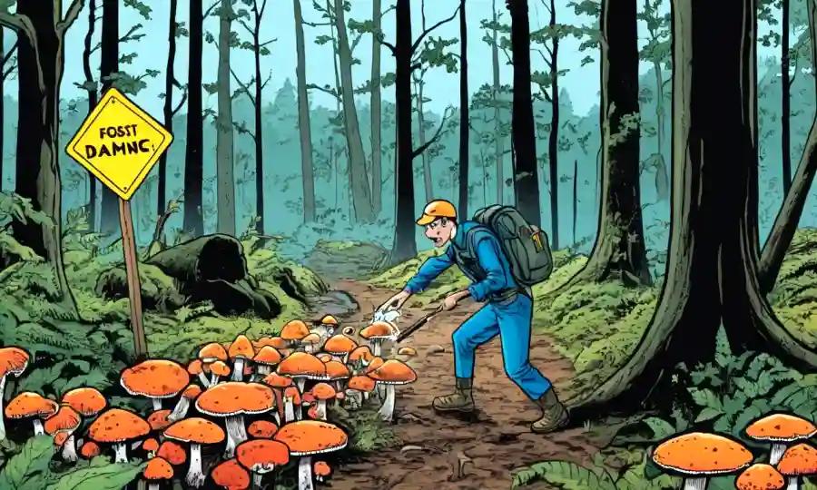 Una persona que recoge hongos en un bosque, con señales de advertencia y daños ecológicos visibles en el fondo.