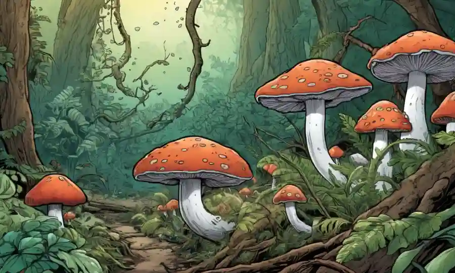 Cerca de varias especies de hongos que crecen entre elementos de la naturaleza como hojas y ramitas.