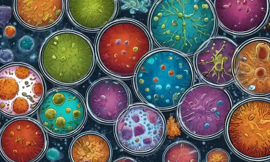 Imagen del microscopio mostrando diversos microorganismos en un plato Petri.