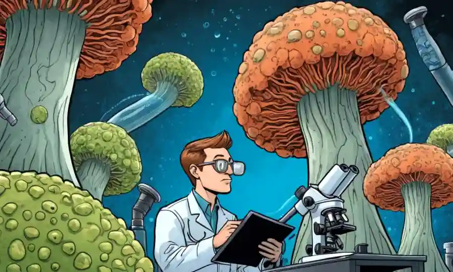 Microbiólogos que estudian formación de esporas bajo microscopio.