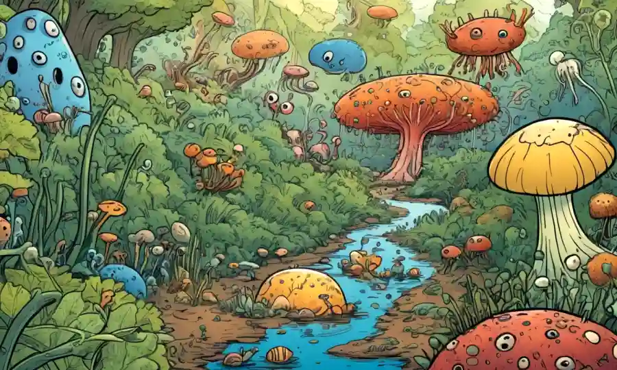 Concepto de diversidad microbiana representado por ilustraciones de pequeñas criaturas entre naturaleza.