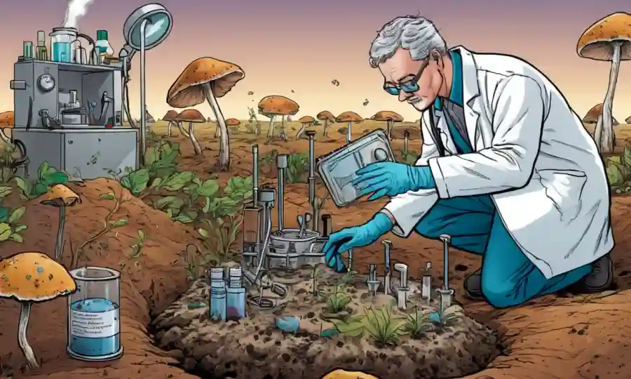 Un científico que estudia el crecimiento de hongos en muestras contaminadas de suelo con equipos de laboratorio cercanos.