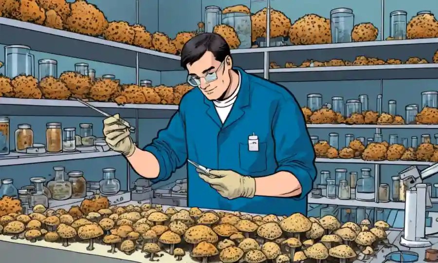 Un micólogo que examina muestras de hongos en un laboratorio.