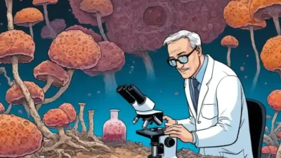 Científica observación de muestras fúngicas bajo microscopio