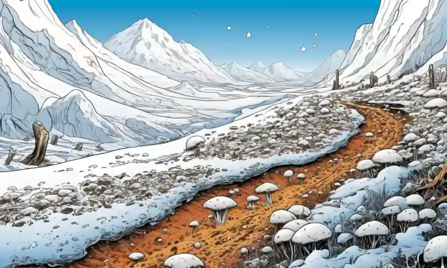 hongos microscópicos que prosperan en ambientes extremos con ilustraciones de suelo, nieve y condiciones climáticas extremas.