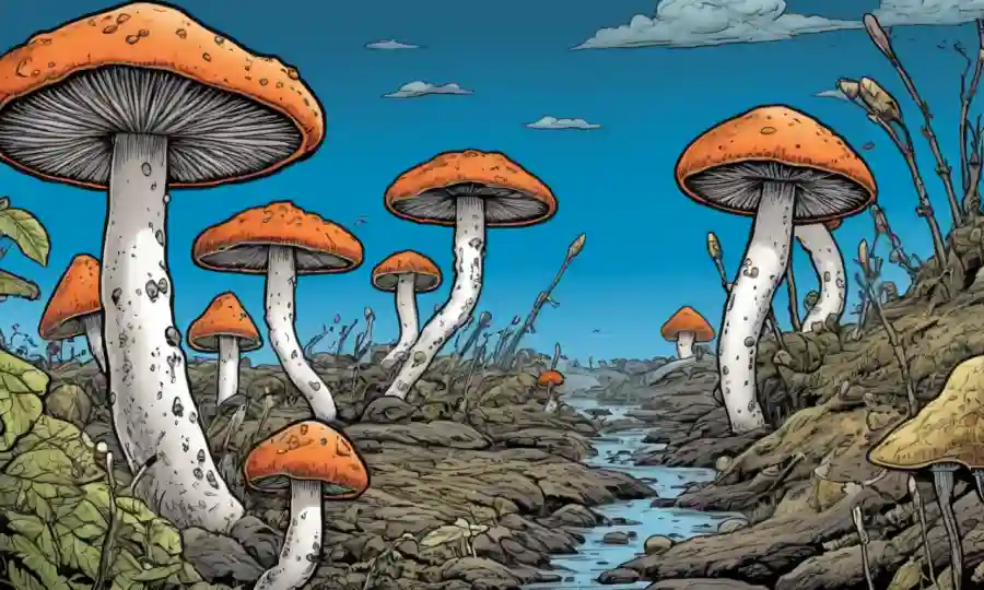 Fungi prosperando en ambientes extremos con flechas e ilustraciones.