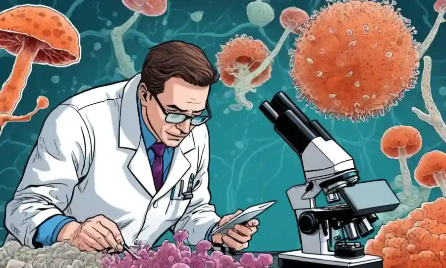 Científico examinando células hongos bajo microscopio con diagramas.