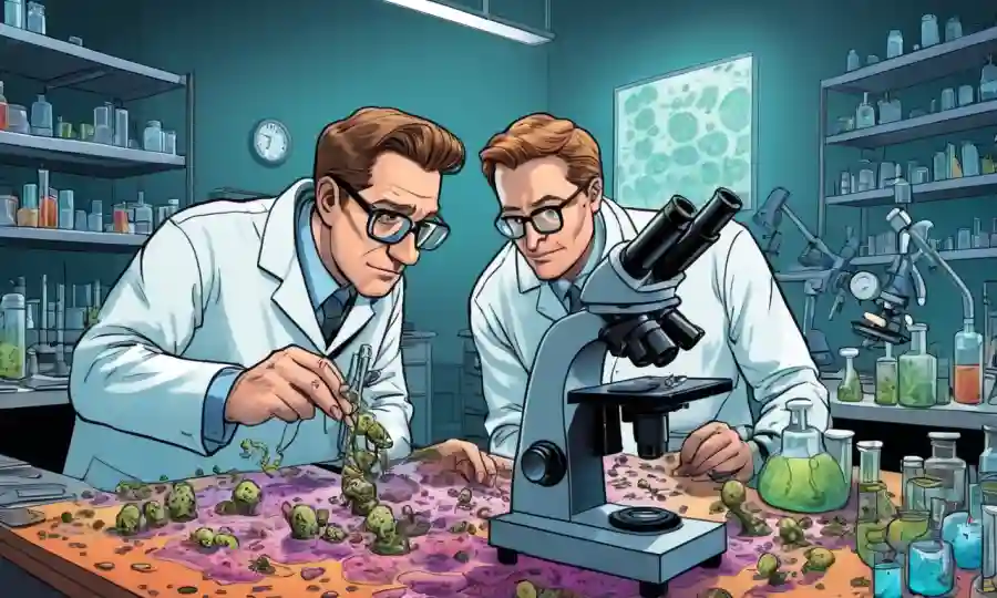 Científicos que examinan muestras de hongos bajo microscopios en un laboratorio.