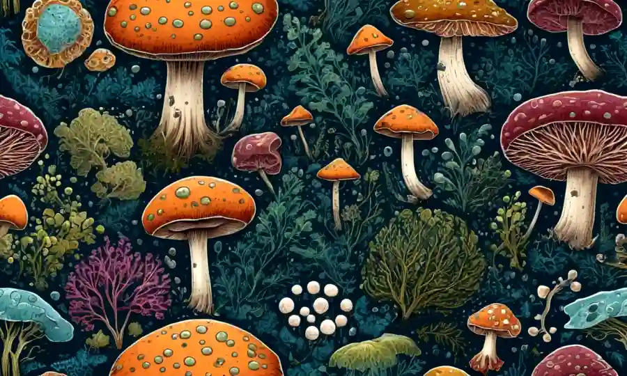 Varias especies de hongos interactuando con sus entornos entre ilustraciones microscópicas de células y moléculas.