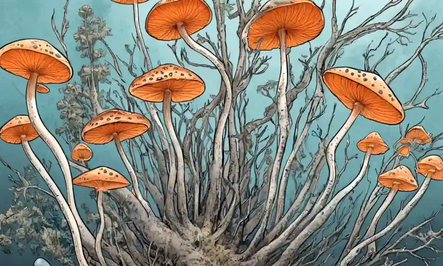 Estructuras de hongos con flechas que ilustran procesos de reproducción sexual y asexual.