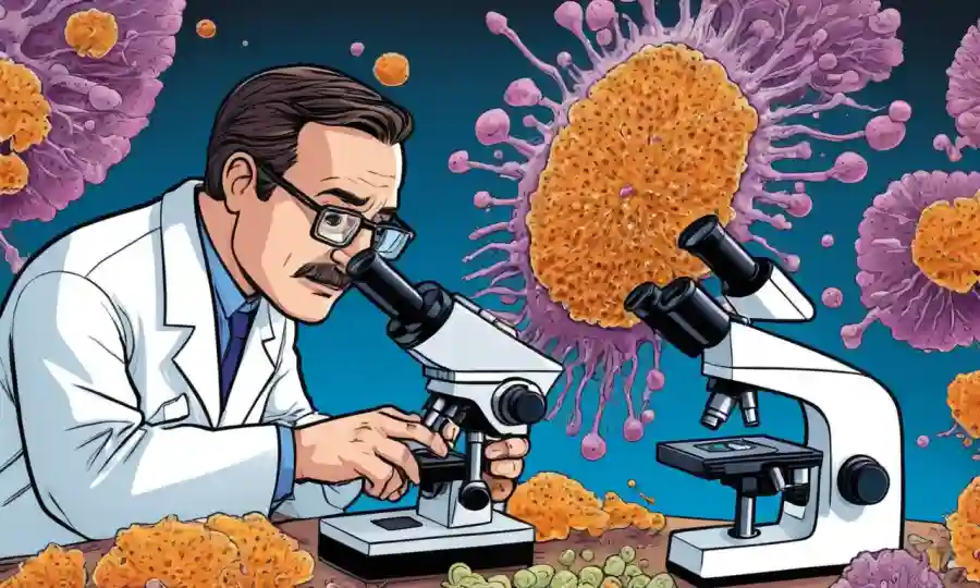 Científico examinando muestras de hongos microscópicos bajo un microscopio.