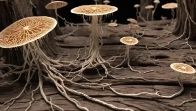 Hifa de hongos microscópicos que crecen en madera de descomposición rodeada de visualizaciones de datos científicos.