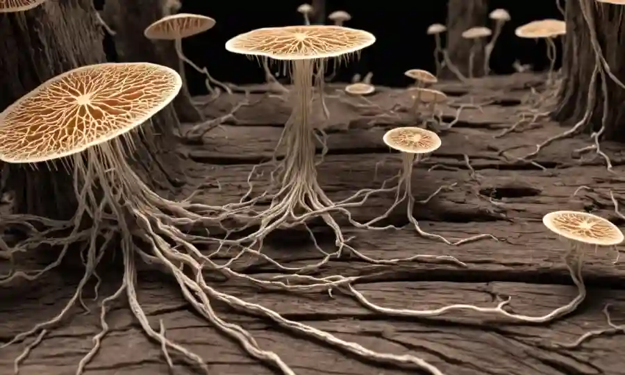Hifa de hongos microscópicos que crecen en madera de descomposición rodeada de visualizaciones de datos científicos.
