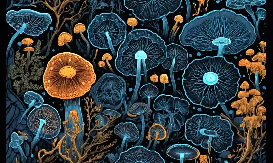 Una microscopía detallada de hongos brillantes en un fondo oscuro.