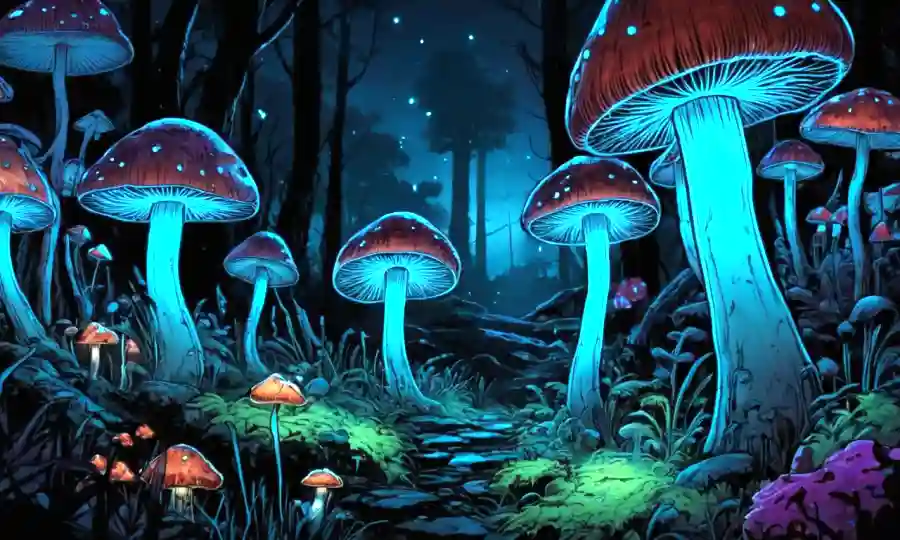Disparos de hongos brillantes iluminados por su bioluminiscencia natural.