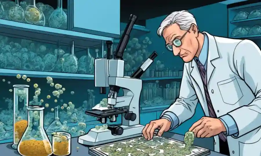 Científico examinando diapositivas de microscopio con células fúngicas en un entorno de laboratorio.