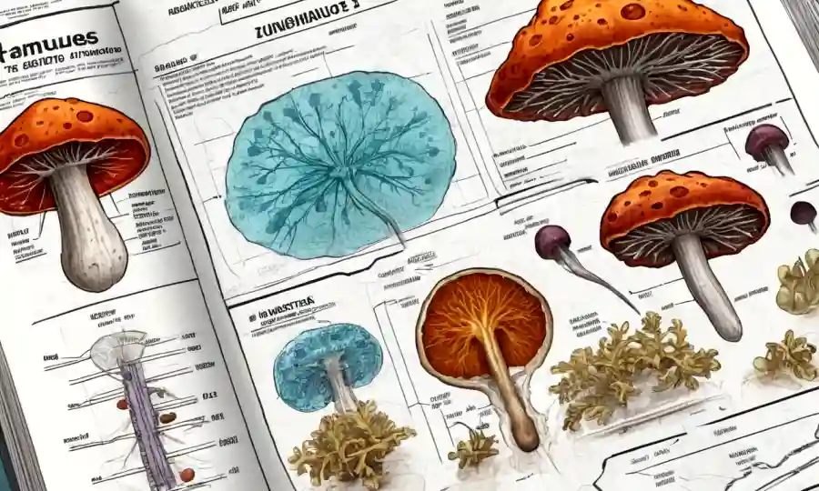 Cierre del espécimen de hongos con biomarcadores destacados rodeados de diagramas y gráficos científicos.