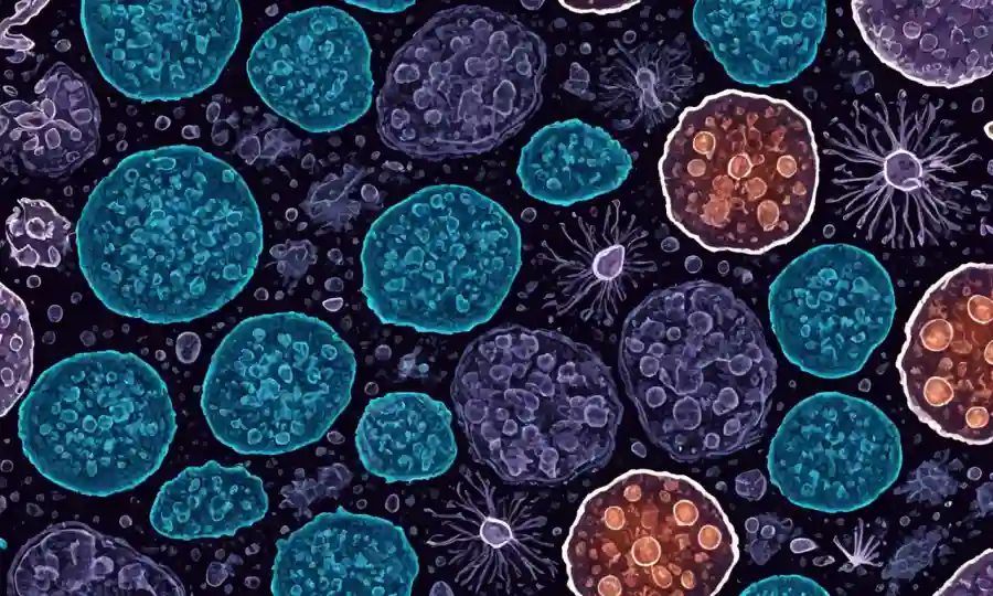 La imagen del microscopio muestra esporas fúngicas con biomarcadores destacados para el diagnóstico de enfermedades.