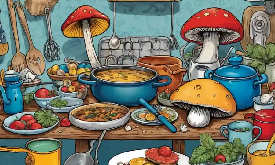 Un hongo en el centro, rodeado de utensilios de cocina e ilustraciones coloridas.
