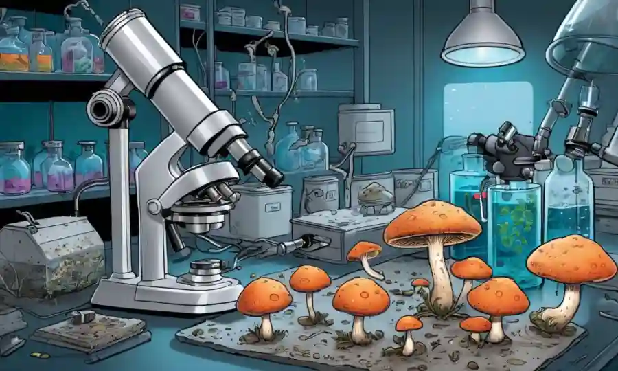 Fungi creciendo en un entorno de laboratorio con contenedores e imágenes del microscopio.
