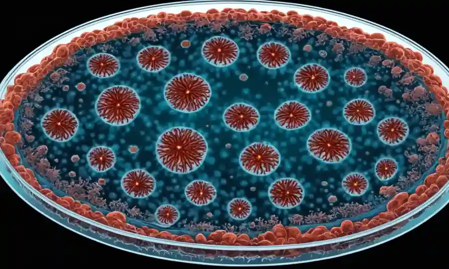 Células microscópicas de hongos que forman estructuras bioplásicas en un plato petri.