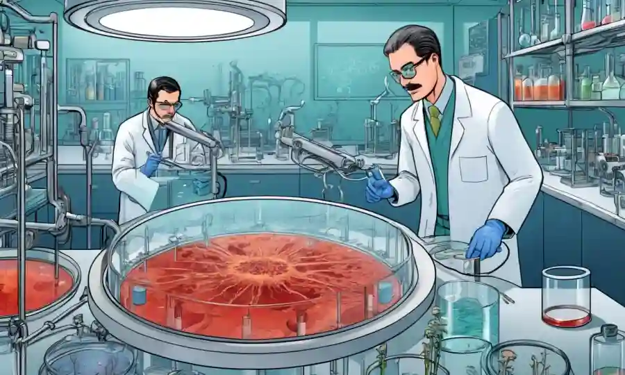 Un proceso de laboratorio con científicos que trabajan en medio de platos y maquinaria Petri, refiriéndose a hongos micorrizales.