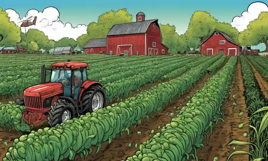 Una escena de ecosistemas agrícolas que muestra impacto en los cultivos.