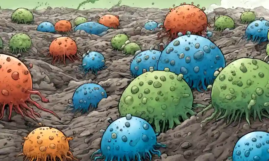 Vista de cerca de microbios en acción para limpiar contaminantes.