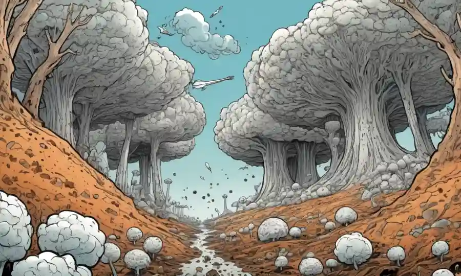 Imágenes microscópicas de micelio rodeadas de contaminantes ambientales con flechas que indican limpieza.