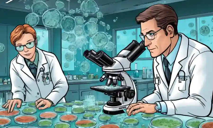Investigadores en capas de laboratorio que rodean platos petri y microscopios, con superposición de texto destacando técnicas de bioremediación basadas en hongos.