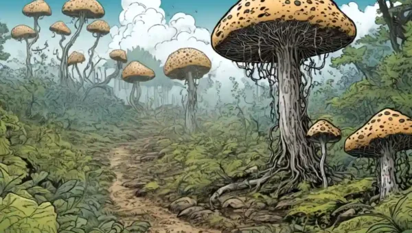 Hifae fúngica o esporas en un ambiente natural con indicios de limpieza de contaminación.