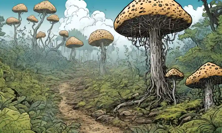 Hifae fúngica o esporas en un ambiente natural con indicios de limpieza de contaminación.