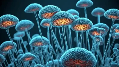 Células microscópicas de hongos con estructuras moleculares resaltadas dentro de una pipeta de laboratorio.