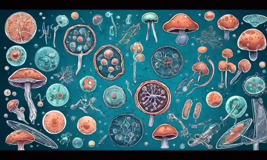 Células microscópicas de hongos o equipo de laboratorio con símbolos médicos y diagramas.