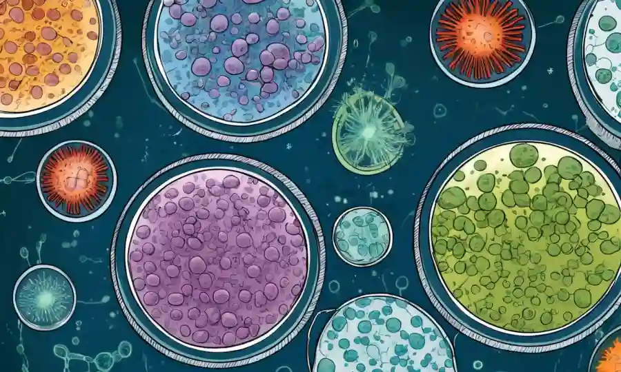 Microorganismos creciendo en platos petri rodeados de diagramas de células y estructuras moleculares.