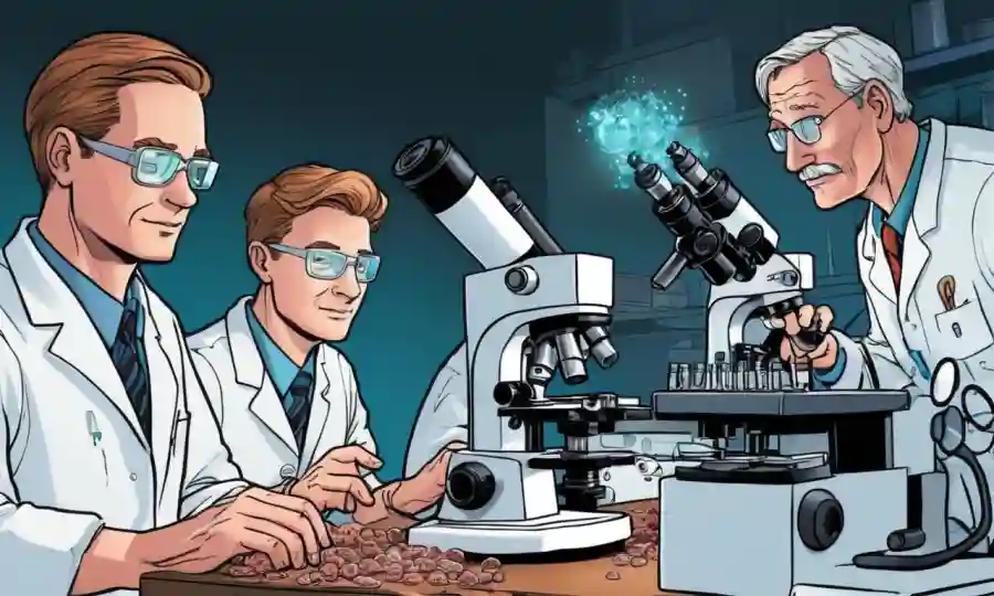 Científicos que estudian células hongos bajo microscopios en un entorno de laboratorio.