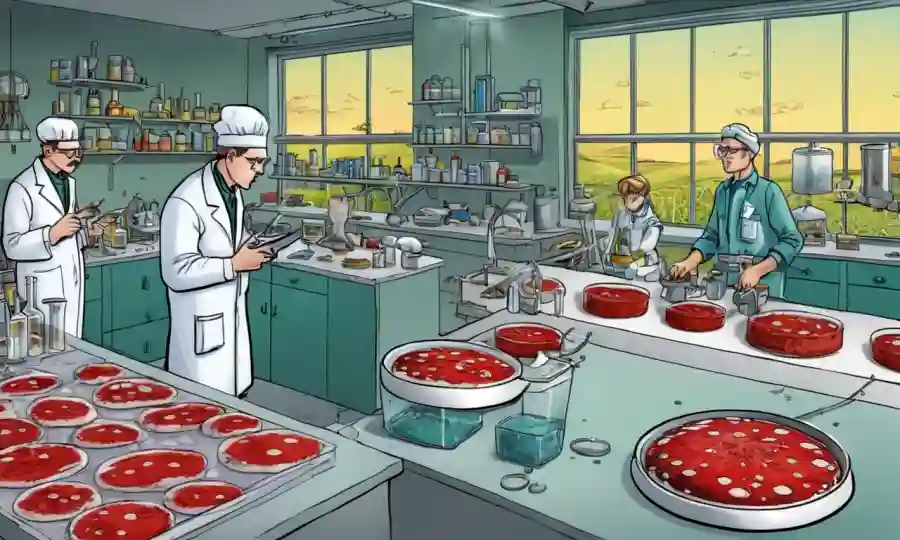 Expertos en hongos analizando platos petri y equipo de laboratorio en medio de entornos agrícolas.