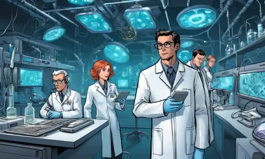Células fúngicas o científicos en capas de laboratorio, rodeados de tecnología y equipos futuristas.