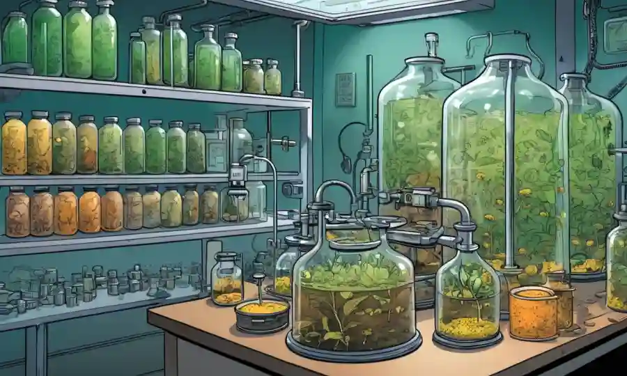 Un entorno de laboratorio con cultivos de hongos y contenedores de biocombustibles, destacando aplicaciones y beneficios biotecnológicos.