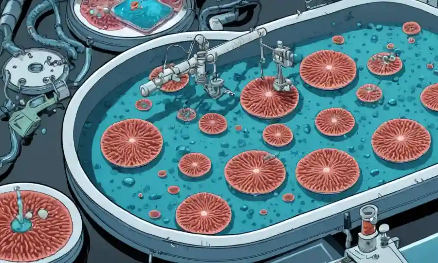 Células microscópicas de hongos en un plato Petri rodeadas de equipos médicos e industriales.