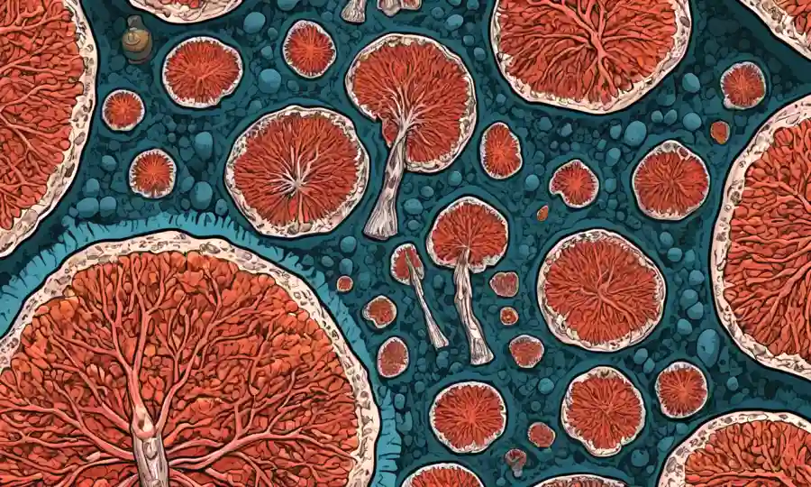 Ilustración detallada del cuerpo humano destacando áreas afectadas con crecimiento fúngico.