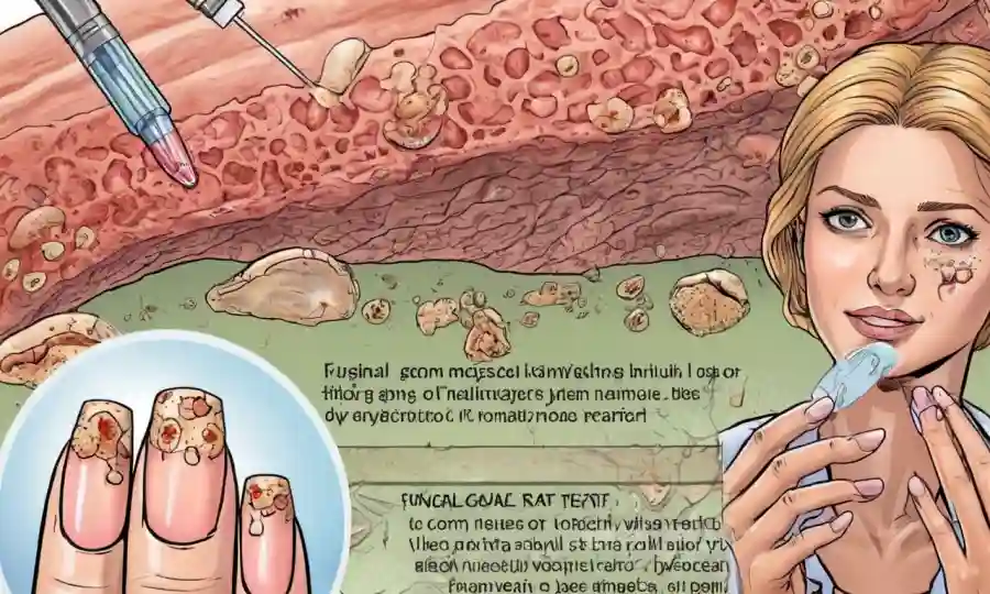 Una imagen magnificada de piel afectada o uñas que muestran síntomas de infección fúngica