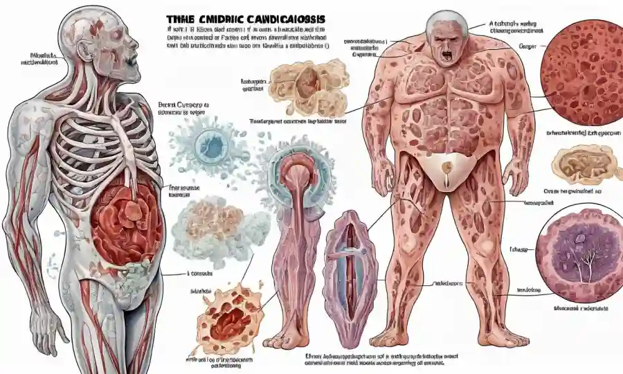 Una ilustración que muestra las diferentes partes del cuerpo afectadas por síntomas de candidiasis.