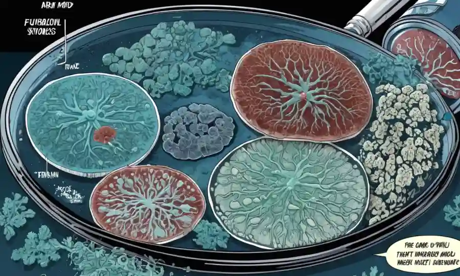 Un microscopio o un plato de petri que muestra crecimiento fúngico